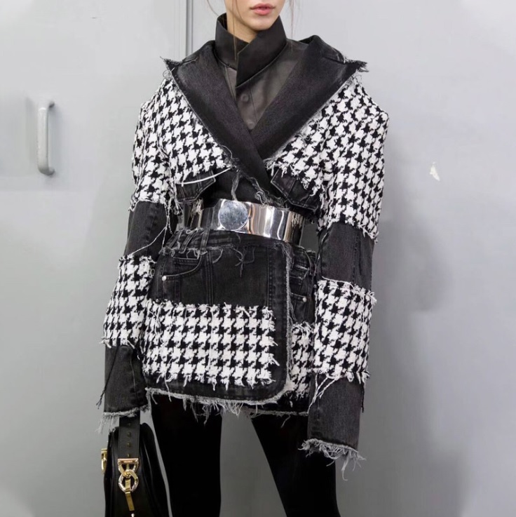 

New Style Top Quality Original Design Women' Stylish Trendy Houndstooth Coat Denim stitching Jacket Metal Buckles Outwear with Waist Belt, As picture
