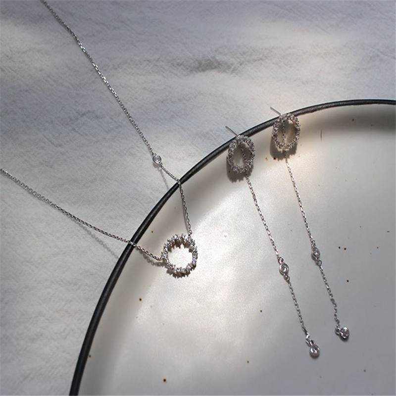 

Zircon Jewelry Sets For Women Choker Necklaces Drop Earrings Set 100% 925 Sterling Silver Hollow Round Circle Necklace Jewelry