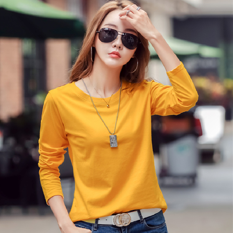 

2020 New Summer Women Cotton O-Neck Long sleeve Loose T-shirts Female Fashion Casual High Quality Solid Color Tees QX78, Brown