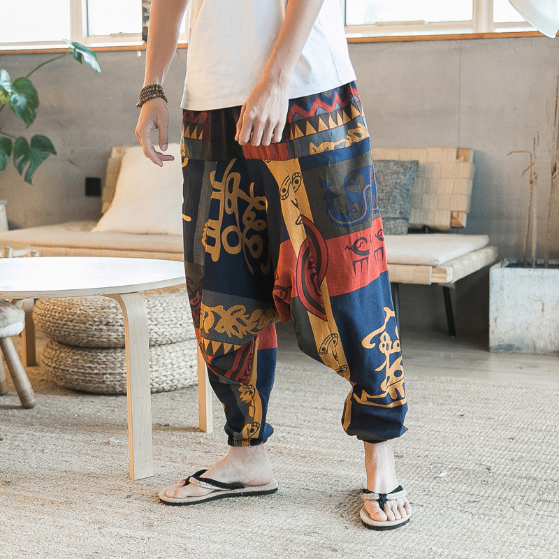

Cotton Linen Harem Pants Men Hip-hop Women Plus Size Wide Leg Trousers Casual Vintage Long Pants Pantalones Hombre, Blue