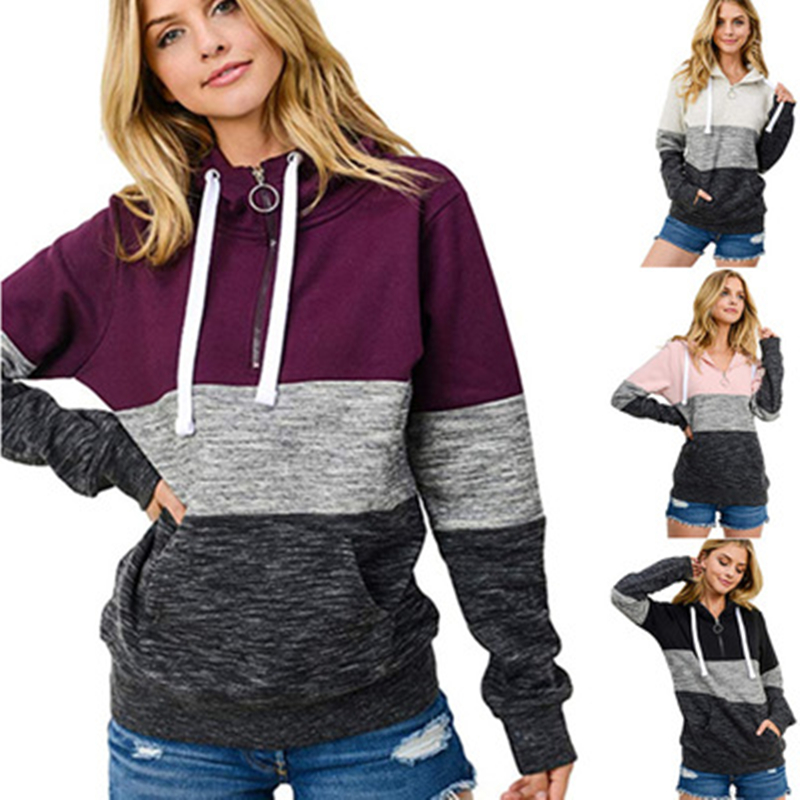 

Autumn and Winter Women' Plus Size Color Matching Hooded Zipper Casual