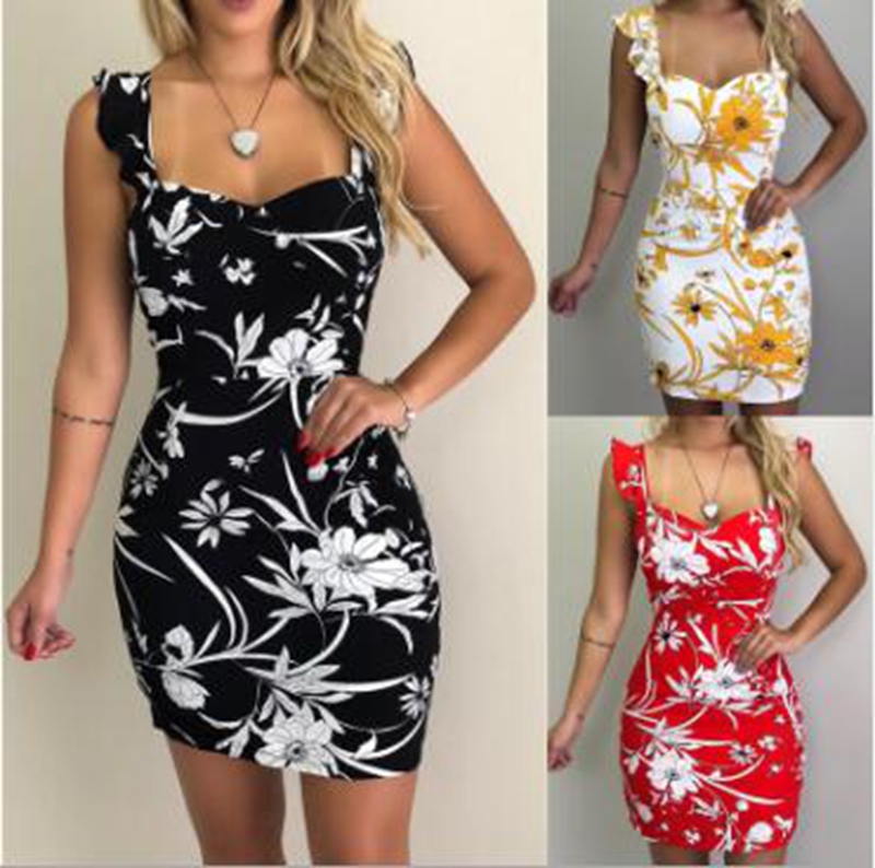 

Wholesale explosion models fashion women's sleeveless printed exposed backpack hip dress, Red