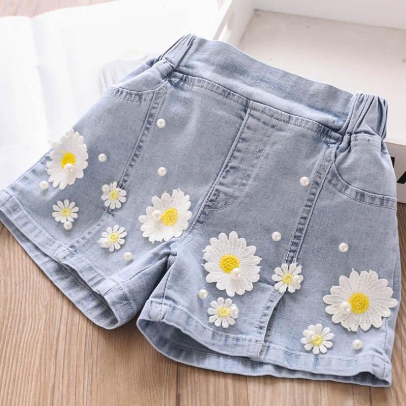 

Wholesale Children's denim shorts baby girls clothes summer new flower beading design hit pants kids clothing jeans shorts L220, Blue