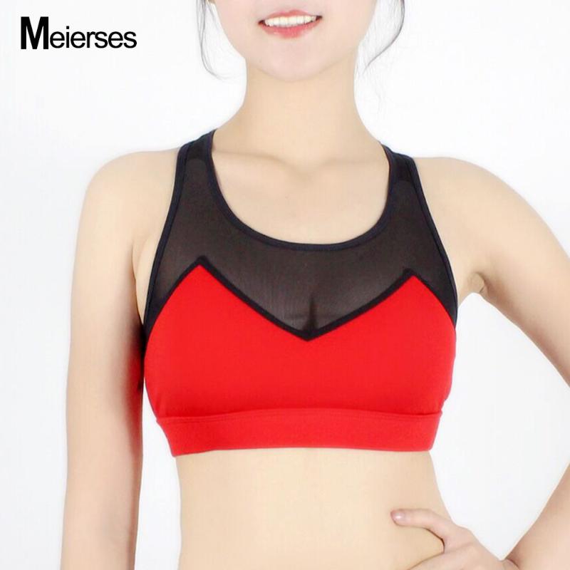 

MEIERSES Women's Sharp Curve Line Mesh Patchwork Yoga Bra Fitness Pullover Running Tank Top Padded Activewear Workout Clothes, Red