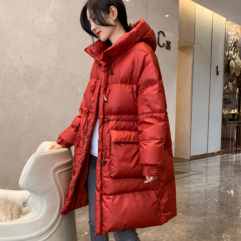 

Fitaylor 2020 Winter Women 90% White Duck Down Jacket Loose Hooded Midi Long Parka New Red Horn Button Stand Collar Outwear, Beige