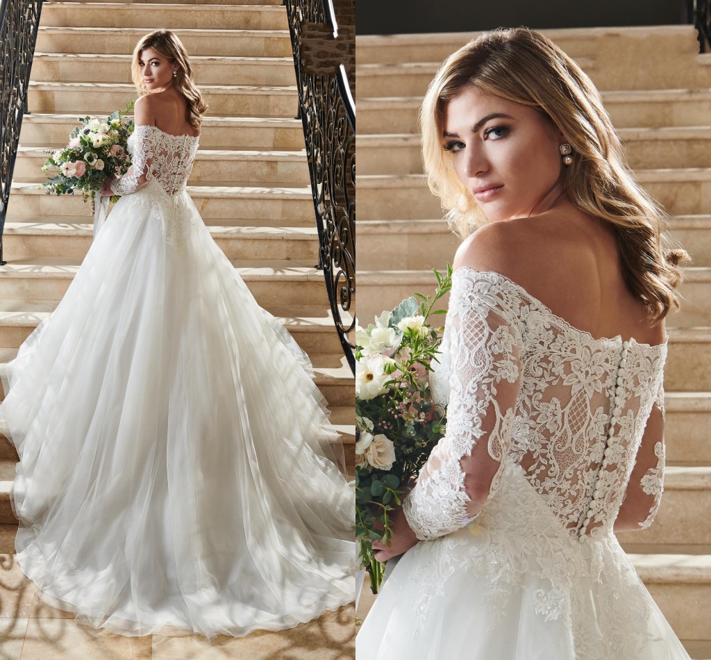 

Romantic Lace Off Shoulder Wedding Dresses With Illusion Long Sleeves Princess Robes De Mariée Bridal Dress Reception Vestidos De Novia, Gold