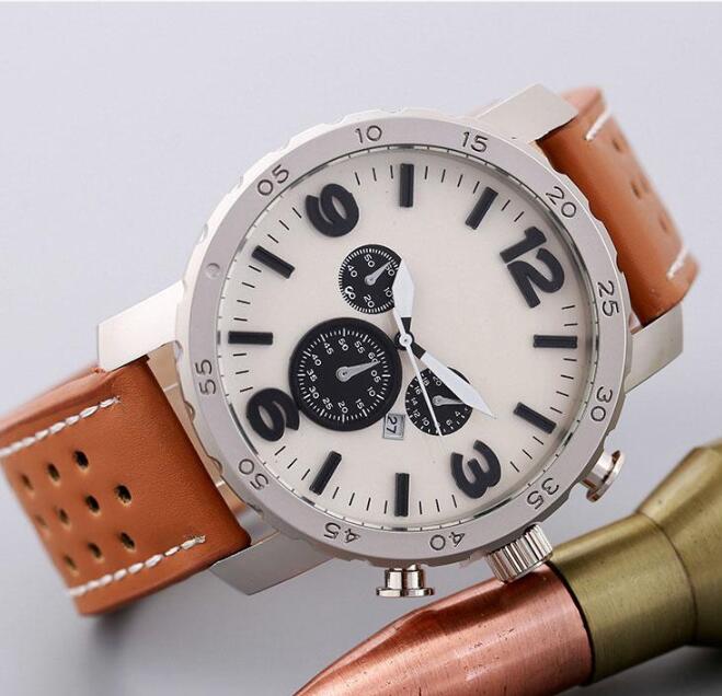 

new hot big dial luxury design with calendar function 3 dial decoration mens watch fashion leather strap quartz watch sports watch, Brown black