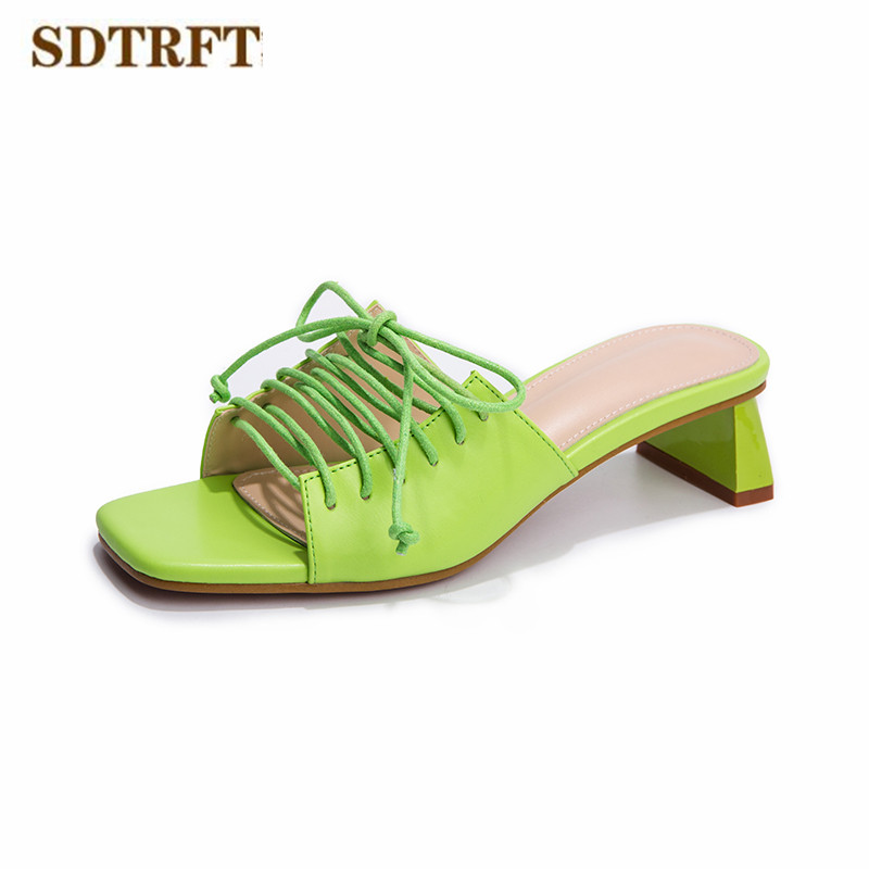 

SDTRFT Stiletto Slip On Slides sandals 5cm Med Square heel slipper sexy Open toe Flip Flops shoes woman pumps zapatos de mujer, Army green