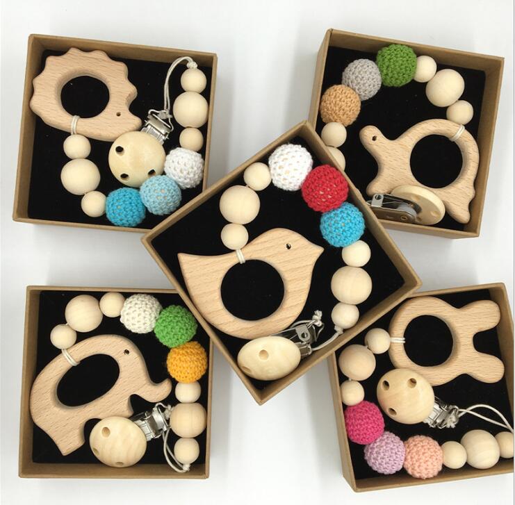 

DIY Silicone Pacifier Clip Chain Baby Teething Soother Chew Toy Dummy Clips Beech Beads Cartoon Wooden Pendant Newborn Gift