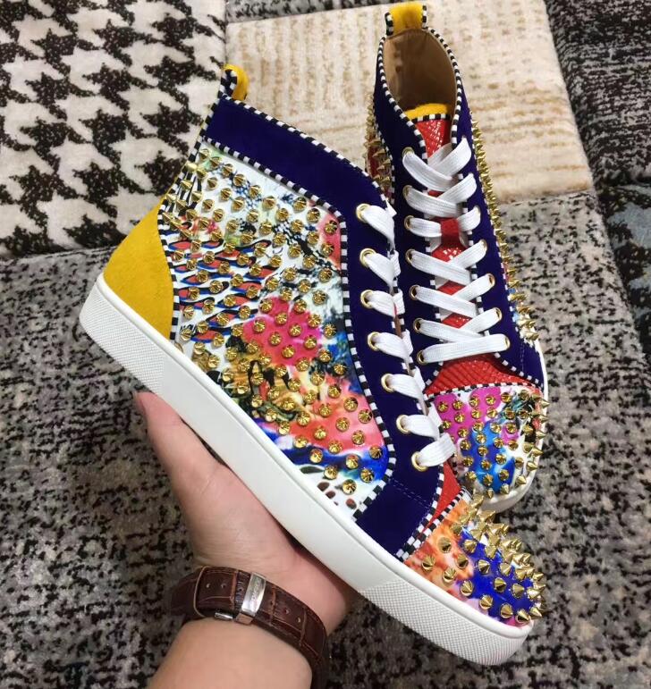 

Fashion Designer Brands Studded Spikes Flats High Top shoes Red Bottom Shoes For Men and Women Party Lovers Genuine Leather Sneakers, Black
