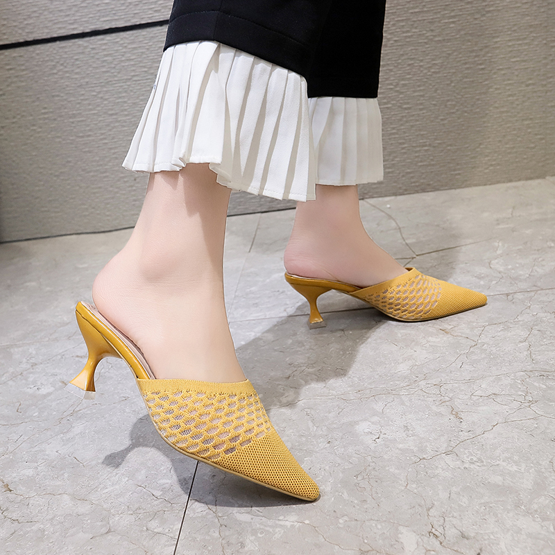 

Breathable Mesh Stretch Frbic Slippers Women Summer Pointed Toe High Heel Slippers Simple Style Mules Shoes Women Sandals 2020, Beige
