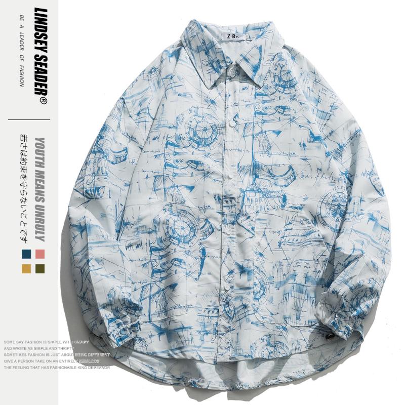 

Lindsey Seader Tropical Retro Vintage Tie-dyed Shirts Men Leaves 3D Printed Turn-down Collar Street Shirt Casual Men's Shirts, White