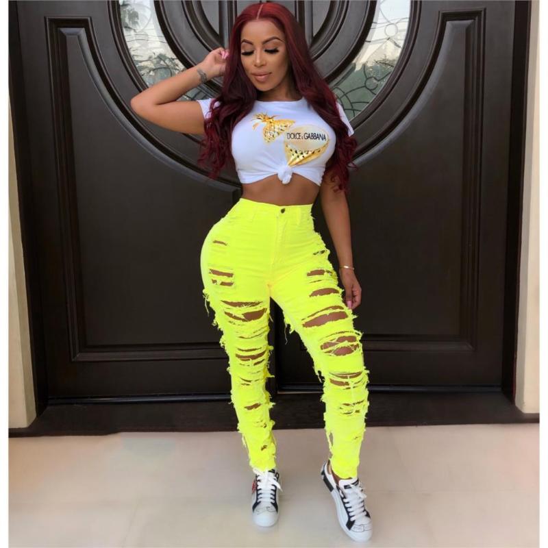 

High waist jeans, street clothes, holes, neon jeans, fashion, high waist women' imitation of old tight new pants 2020, Blue