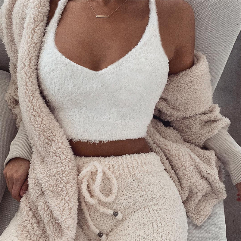 

2019 Women Winter Lamb Wool Warm Fleece V Neck Tanks Navel Bare Cropped Vest Solid Tops Cami Thick Camisole Female Tube Vest, White