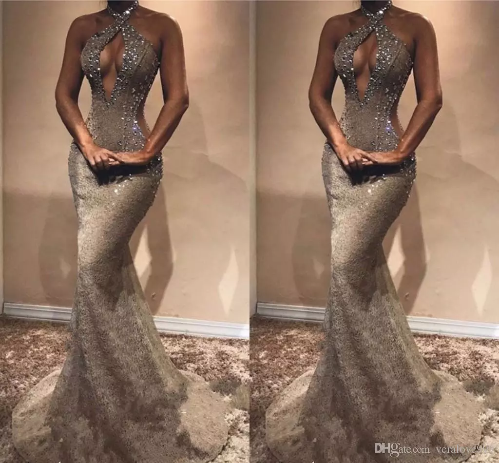 

Charming Halter Neck Mermaid Evening Dresses Sleeveless Sweep Train With Crystal Cutaway Sides Special Occasion Dresses Sexy Prom Dresses, Hunter green