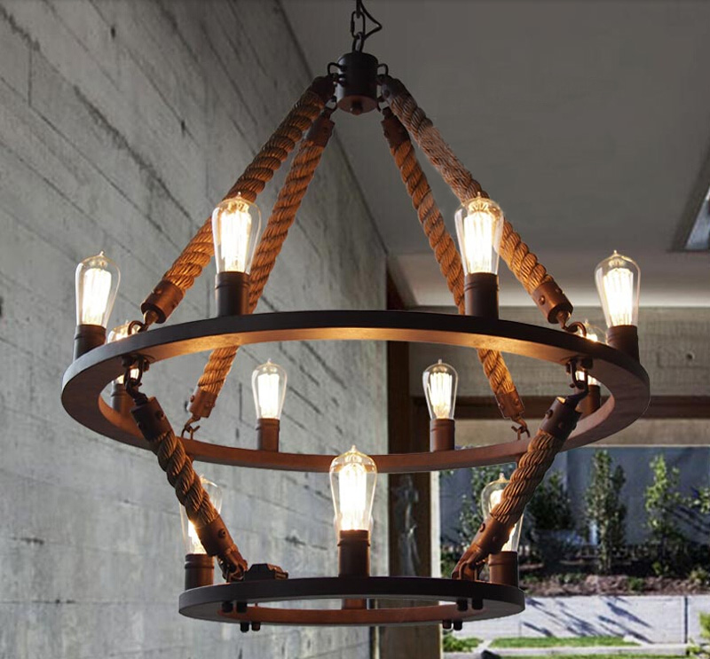 

Vintage Hemp Rope Pendant Light Iron Retro Chandelier Lighting Fixtures Double Layers Iron Lamp for Reastaurant Bay Coffee Room Living Room