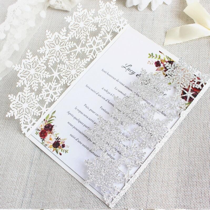 

50pcs Christmas Snowflake invitations snow Flower Laser Cut Wedding Invitation Card custom white Lace Invites, Pink