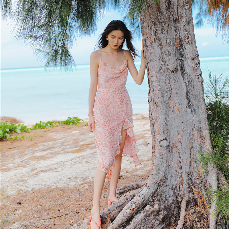 

Summer Runway Designer Luxury Pink Leopard Spaghetti Strap Midi Dress Women Ruffles Irregular Slim Ladies Dresses Elegant, Xaq610