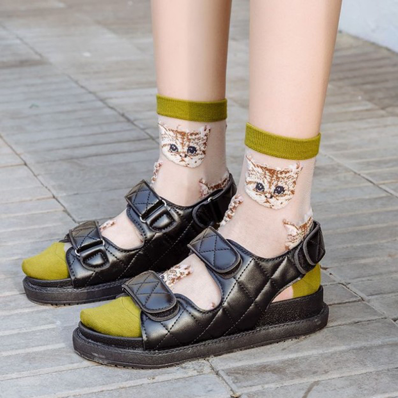 

3Pairs Breathable Ultra Thin Cat Socks Spring Summer Women Transparent Lace Silk Crystal Girls Cartoon Short Socks Female Sox, 01 black