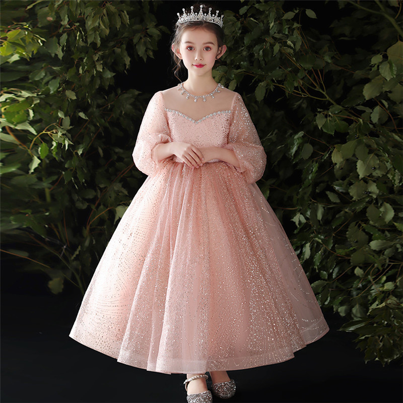 

Korean Sweet Children Girls Elegant Pink Color Sequined Design Birthday Wedding Party Ceremony Dress Kids Host Piano prom Dress, Pink long dress