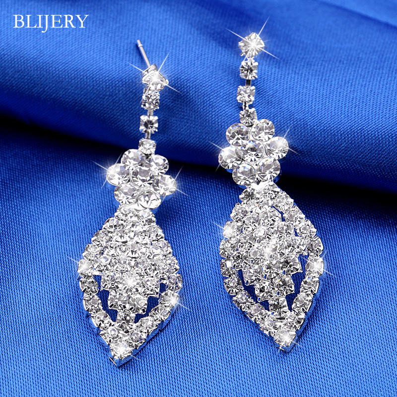 

Sparking Silver Color Rhinestone Crystal Long Wedding Earrings for Women Brides Drop Dangle Earrings