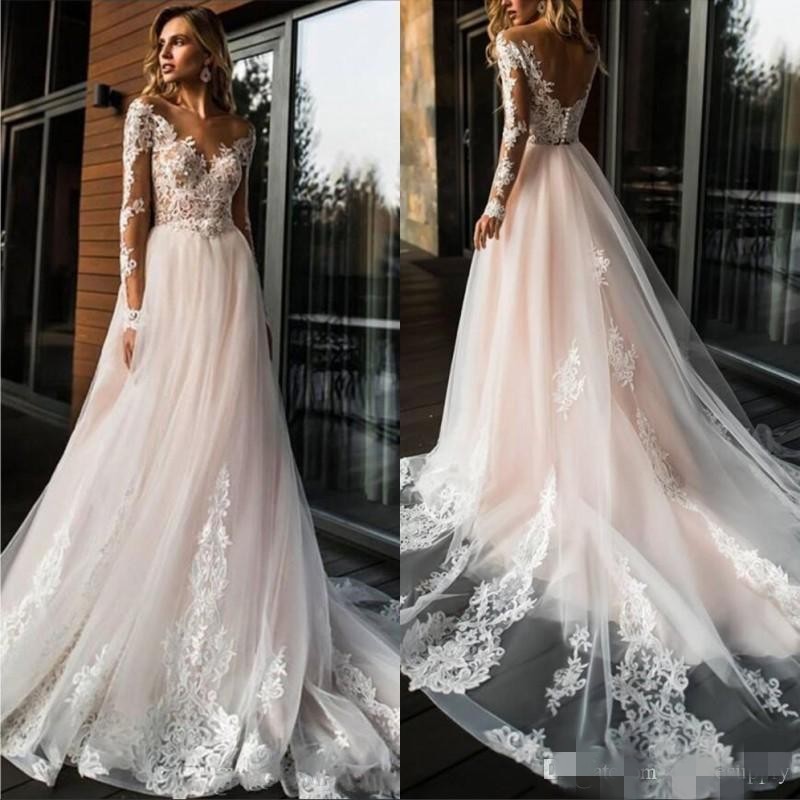 

Blush Pink Wedding Dresses A Line 2020 Newest Lace Applique Scoop Neck Long Illusion Sleeves Sweep Train Wedding Gown Vestido de novia, Red