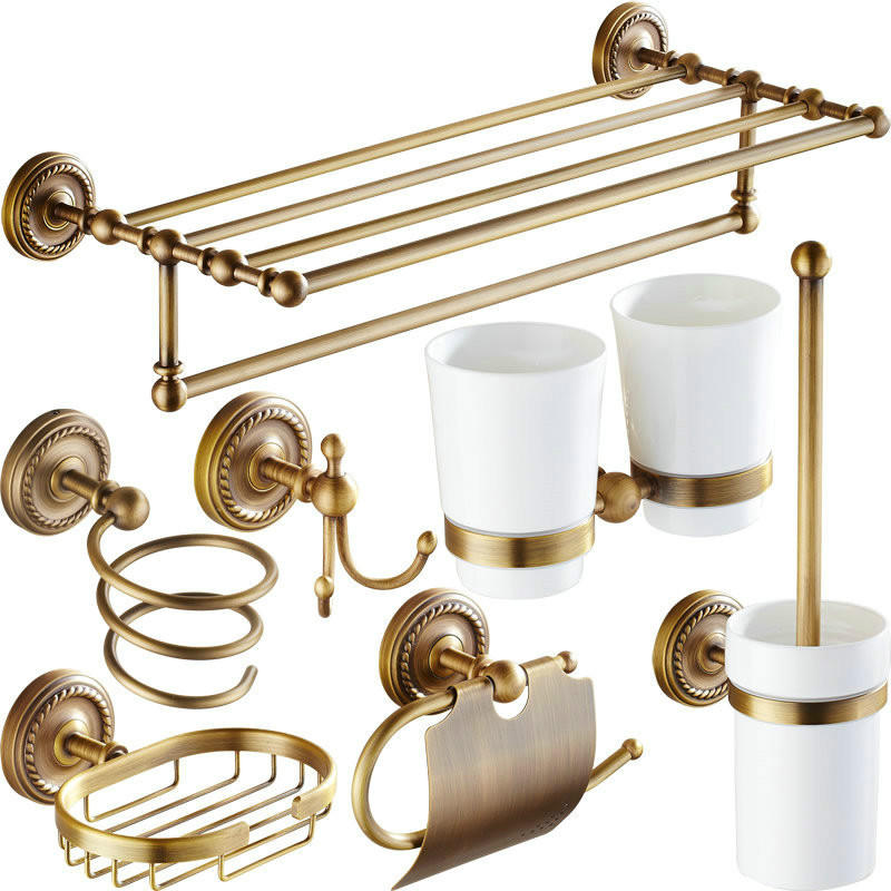 

antique brass European bathroom hardware set wall mounted carved bathroom products towel rack toilet brush rack coat hook