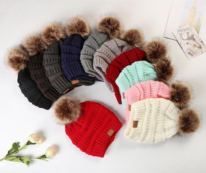 

Kids Adults Thick Warm Winter Hat For Women Soft Stretch Cable Knitted Pom Poms Beanies Hats Women's Skullies Beanies Girl Ski Cap 2020
