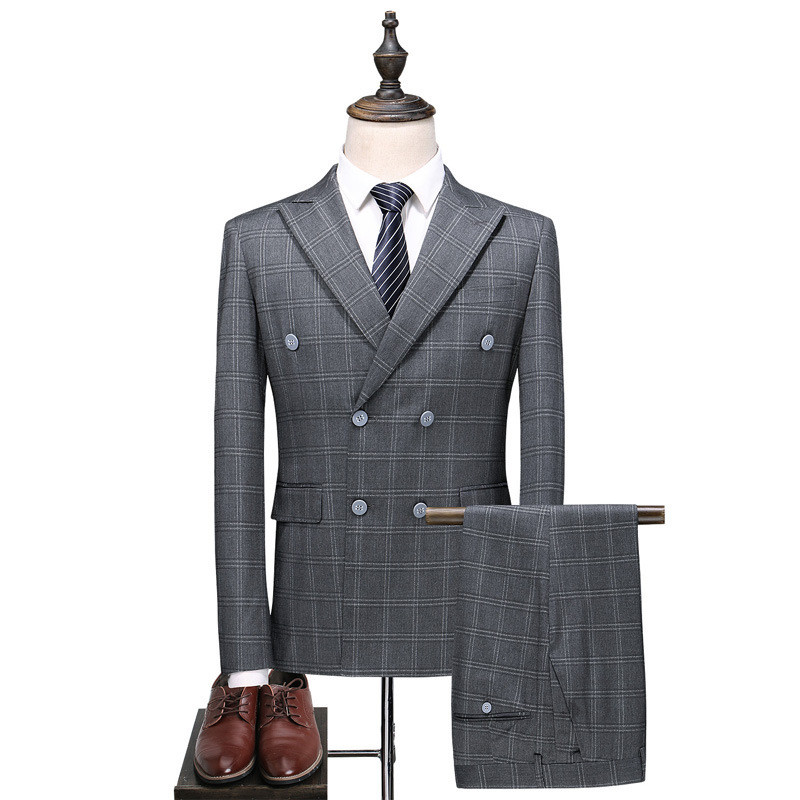 

costume homme gray men' suit men' check double-breasted suit 3-piece blazer pants vest business casual professional wear