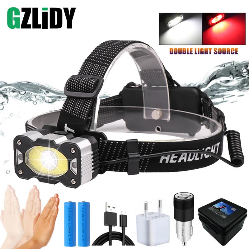 

USB Rechargeable LED Headlamp with Gesture Sensor XPG + COB Headlight Powerful 5 Lighting Modes Waterproof 18650 Fishing Light
