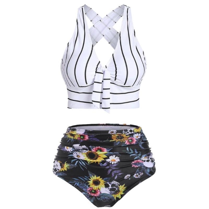 

2020 Two Piece Swimwear Women Plus Size Tankini Swimsuits with Shorts V neck Tankinis Set Swim Wear Black Print Bathing Suit