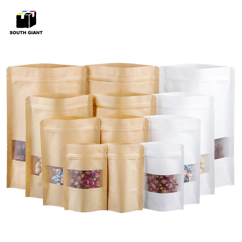 

Brown White Stand up Kraft paper bag with Window Hot Seal Pouches Zipper Grip Water Moisture Proof Packaging