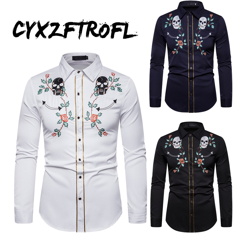 

CYXZFTROFL 2020 Mens Western Cowboy Skull and Flower Embroidery Shirt Slim Fit Casual Long Sleeve Button Down Party Shirts S-XXL, Black