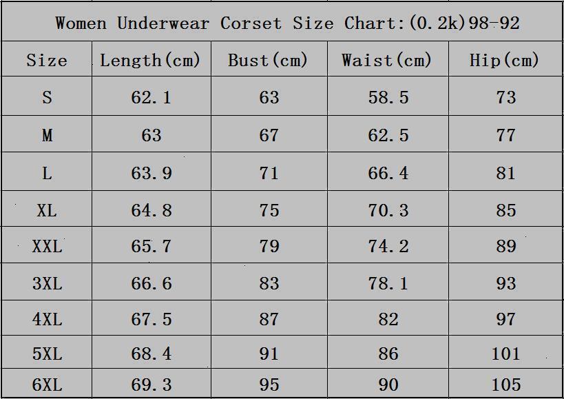 Waist Training Corset Size Chart