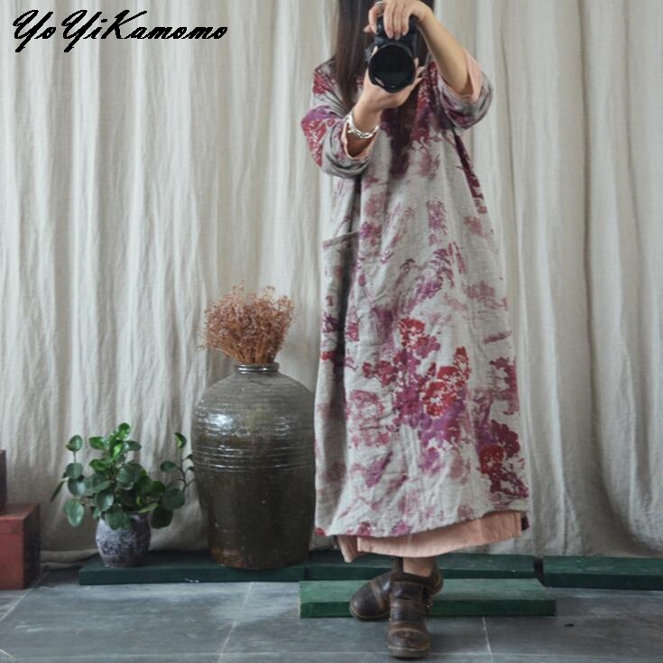 

YoYiKamomo Cotton Linen Women Dress 2020 Maxi Autumn Spring Original Printed V-neck Dress Brief Loose Women Robe, Blue