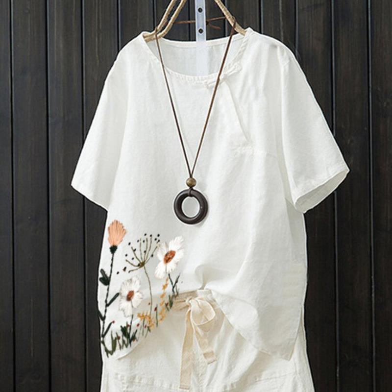 

5xl Women Blouse Plus Size Women Cotton Linen Tops Short Sleeve Embroidery Print O-neck Shirt Tops Blusas Mujer De Moda 2020, Blue