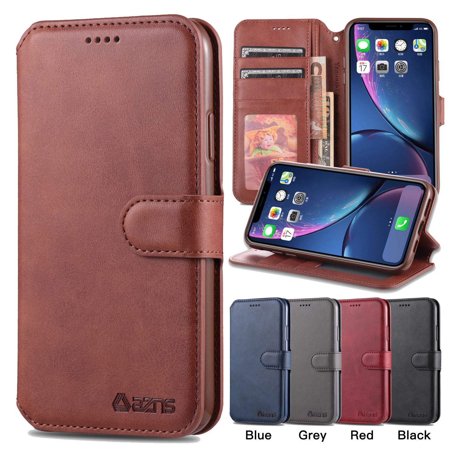

PU Leather Wallet Phone Case for iPhone 11 Pro X XR XS Max 6 7 8 Plus Calfskin Samsung Galaxy S20 Ultra S9 S10 Note10 Lite Plus Cover Case, Black