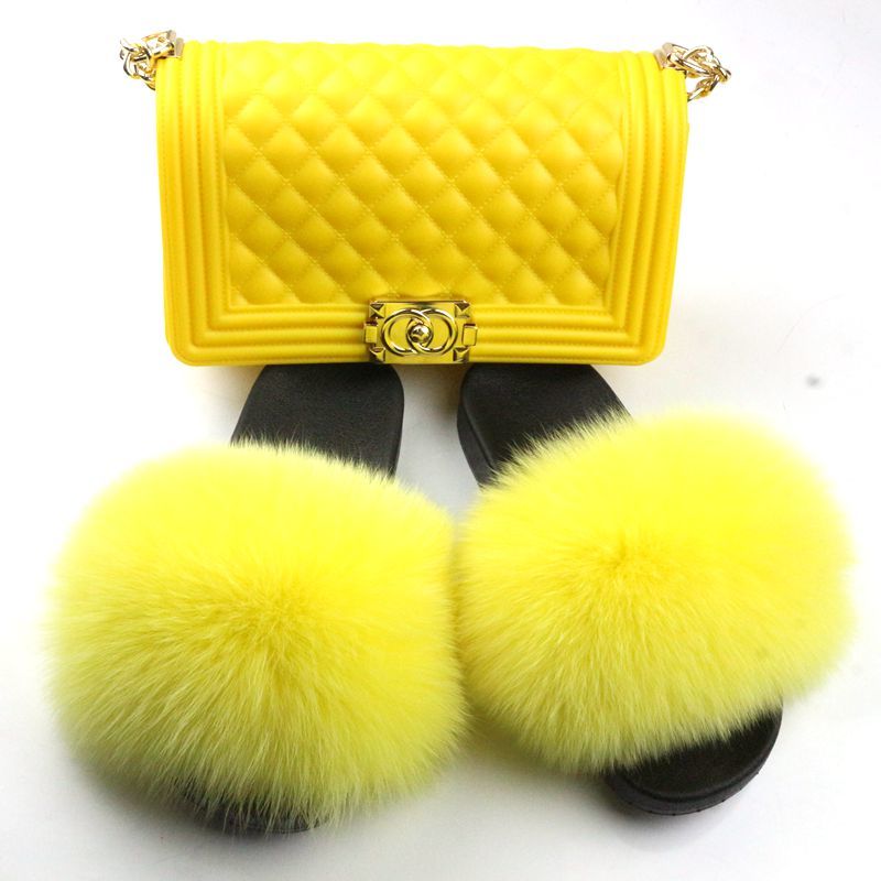

custom indoor slipper jelly bag flush real soft raccoon fur slipper outdoor slider sandals fox fur slides for women, 24