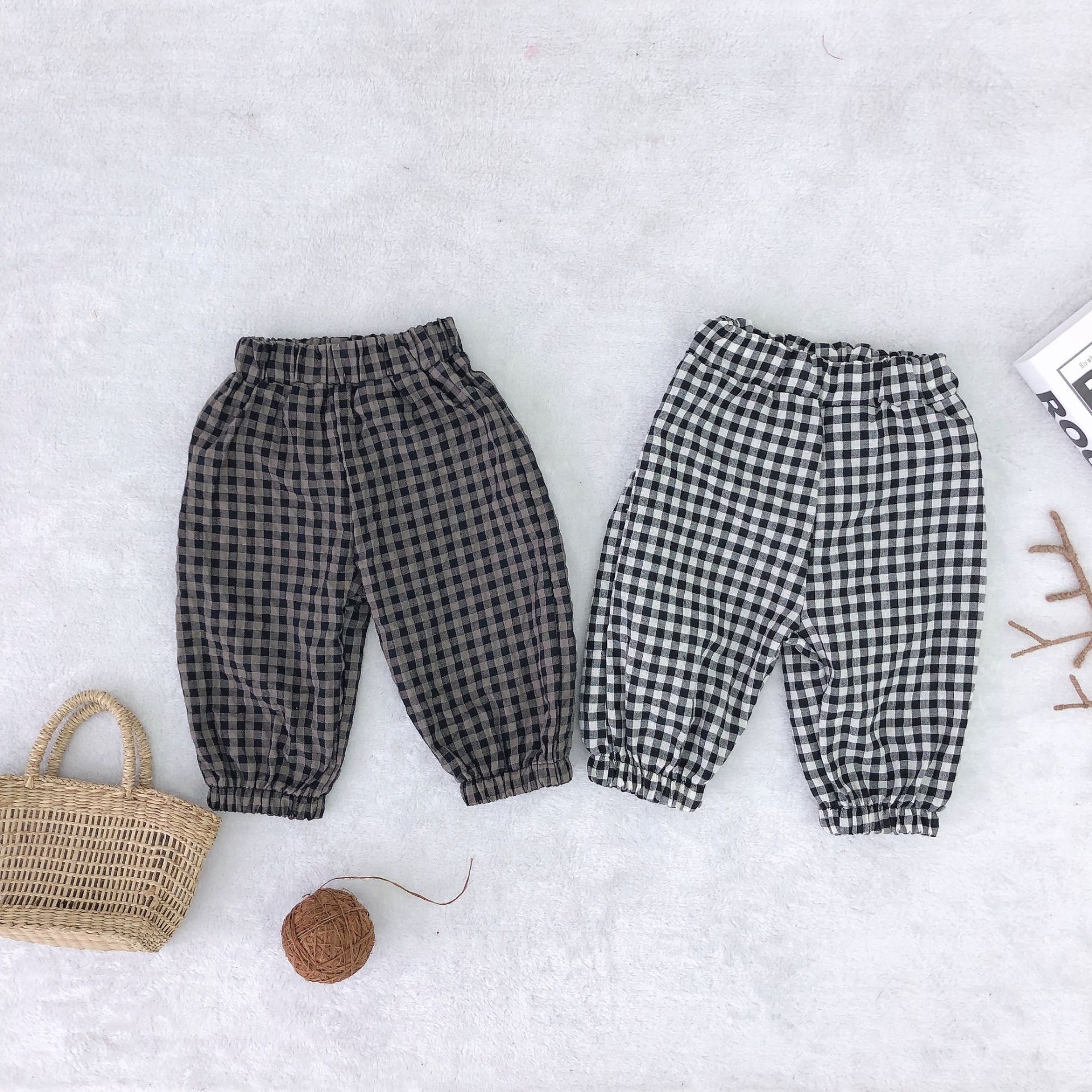 

Spring Autumn boys girls cotton plaid casual pants 1-5 years children Anti-mosquito trousers ankle banded pants, Gray
