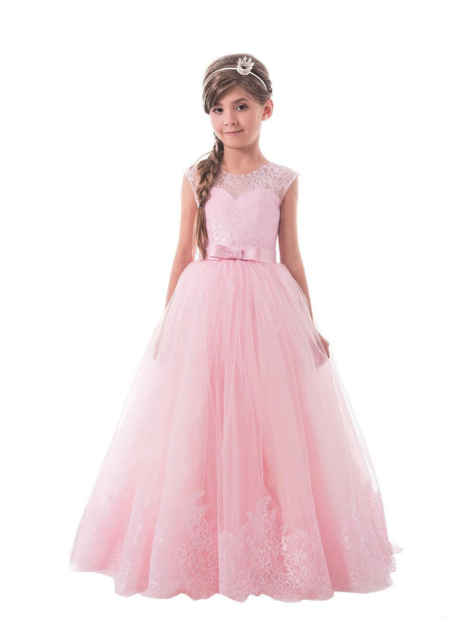 Rose Robes De Filles De Fleur Enfants Vêtements De Cérémonie Mariages Robe De Bal Bretelles Spaghetti Tulle Dentelle Longues Robes De Première Co