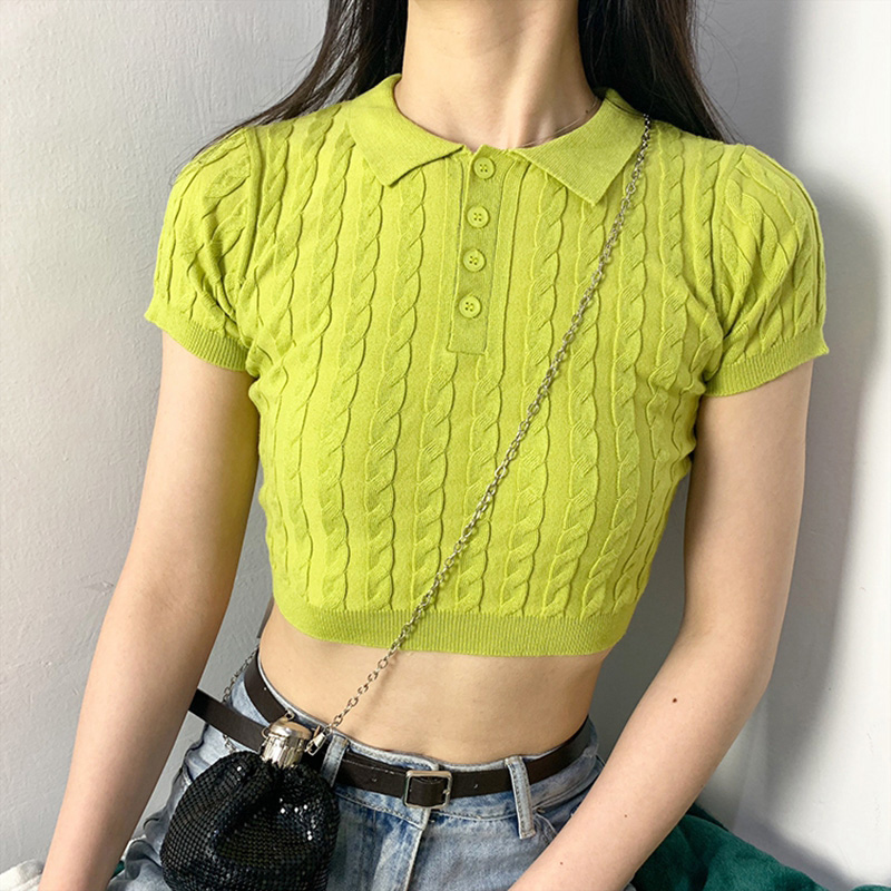 

Vintage Textured Knitted Cropped Top Short Sleeve Ladies Polo Shirts Women Korean Streetwear, White