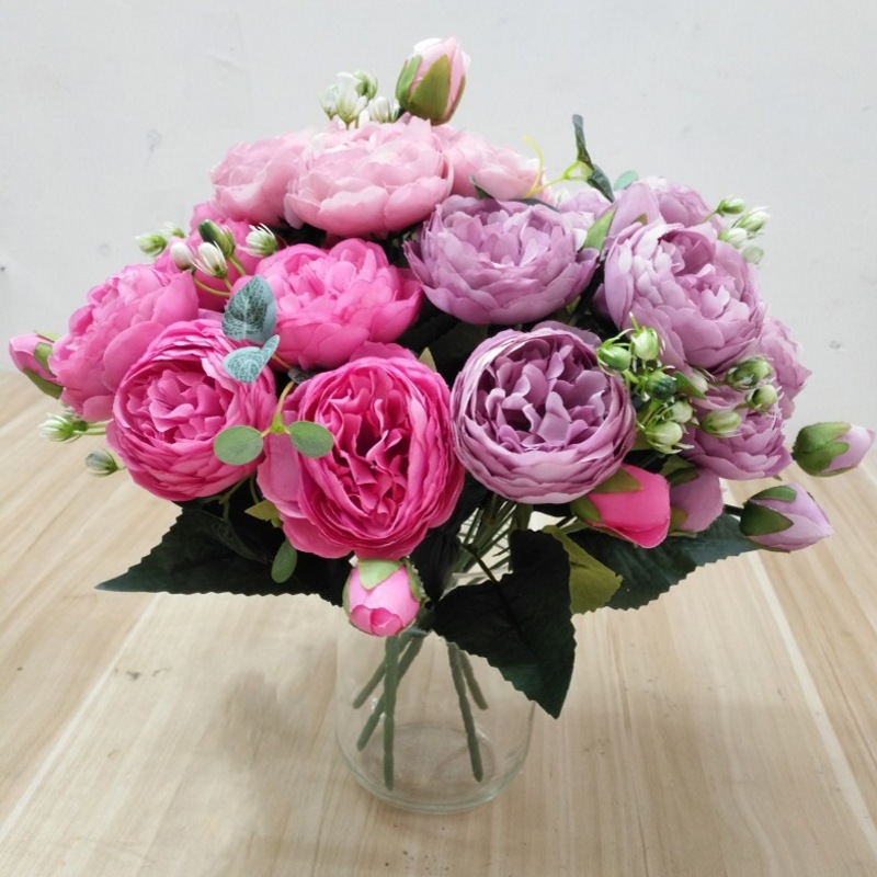

30cm Rose Pink Silk Peony Artificial Flowers Bouquet 5 Big Head and 4 Bud Cheap Fake Flowers for Home Wedding Decoration indoor
