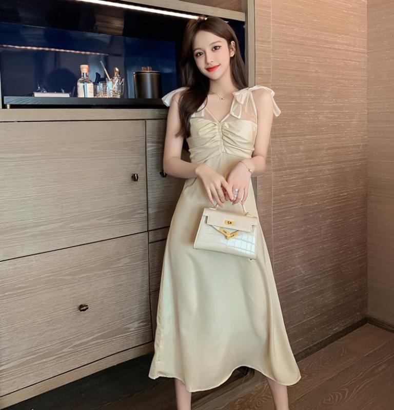 

2020 Summer Fashion Bow sash Dress Women patchwork V-neck Sleeveless Dew shoulder Slim Long Dresses Party Vestidos, Beige