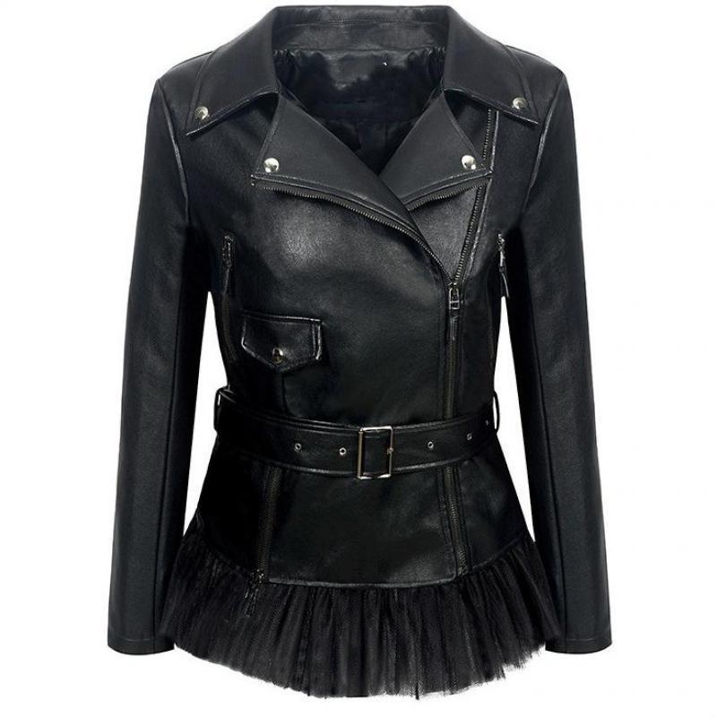 

2019 Fashion New Lapel Zipper Leather Jacket Hem Stitching Mesh Dress Jacket Pu Woman, Black