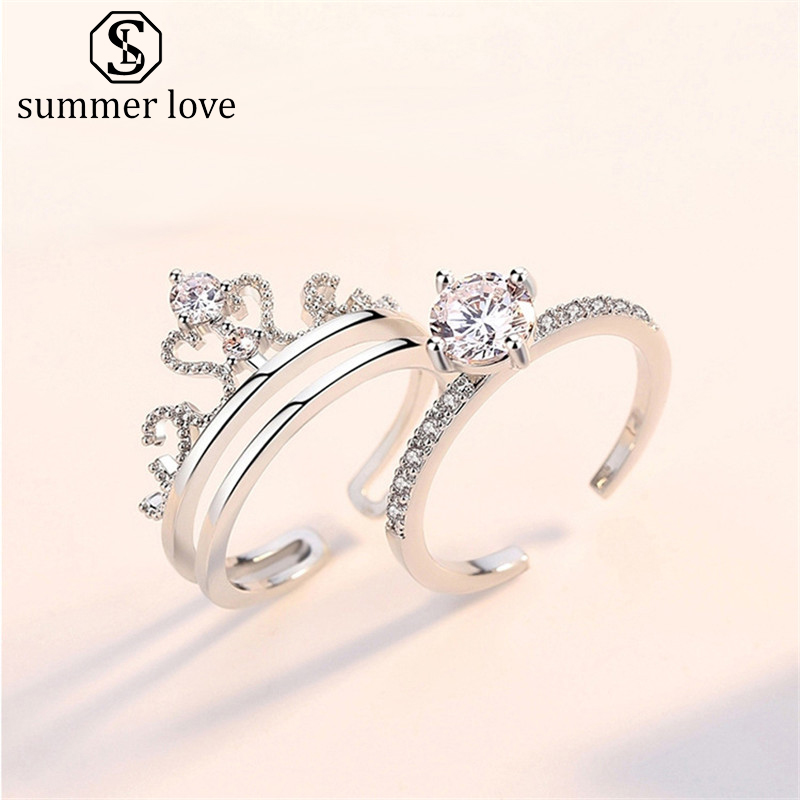 

High Quality Crown Ring Sets for Women Fashion 2-in-1 Silver Rhinestone Engagement Rings Delicate Wedding Couple Valentine's Day Jewelry-Y