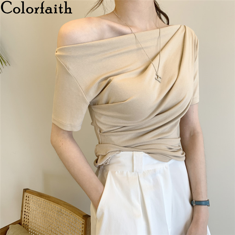 

Colorfaith New 2020 Women Summer T-Shirts Slash Neck Bottoming Casual Off Shoulder Fashionable Wild Pleated Sexy Lady Tops T9787, Beige