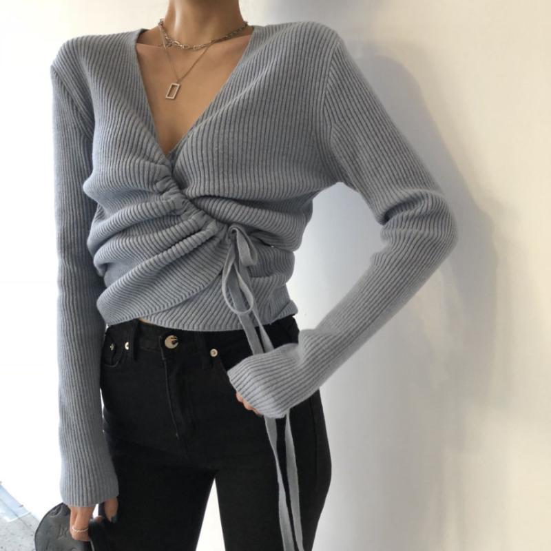 

Woman Sweater Lace Up Slim Solid Elegant Pullover Sweater Women Sexy Knitted Long Sleeve V-Neck Jumper Cropped Tops, Blue