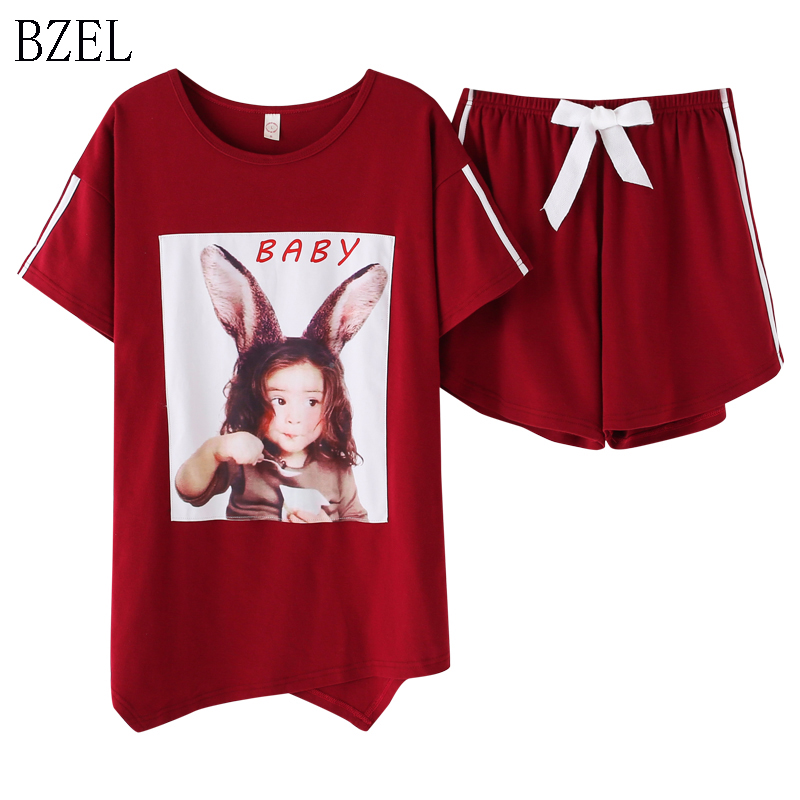 

BZEL Wine Red Loose Pyjama Women Casual Sleepwear Pijamas Women Tops+Shorts Pocket Home Suit Pyjama Femme Big Size Dropshipping, Coral red