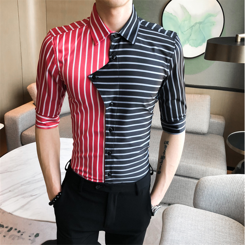 

2020 New Men's Personality Striped Shirt Summer Casual Patchwork Color Men's Shirt Slim Fit Short Sleeve Dress streetwear, Blue