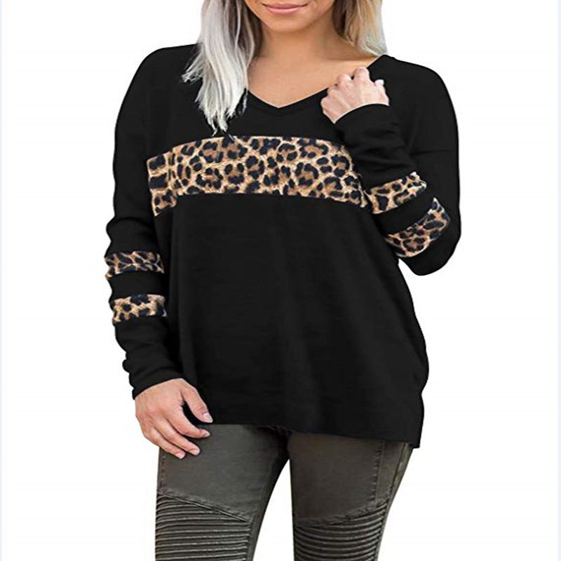 

Large size T-shirt 3XL 4XL 5XL 6XL 7XL bust 130CM fashion leopard print women's V-neck stitching casual long-sleeved T-shirt, Black